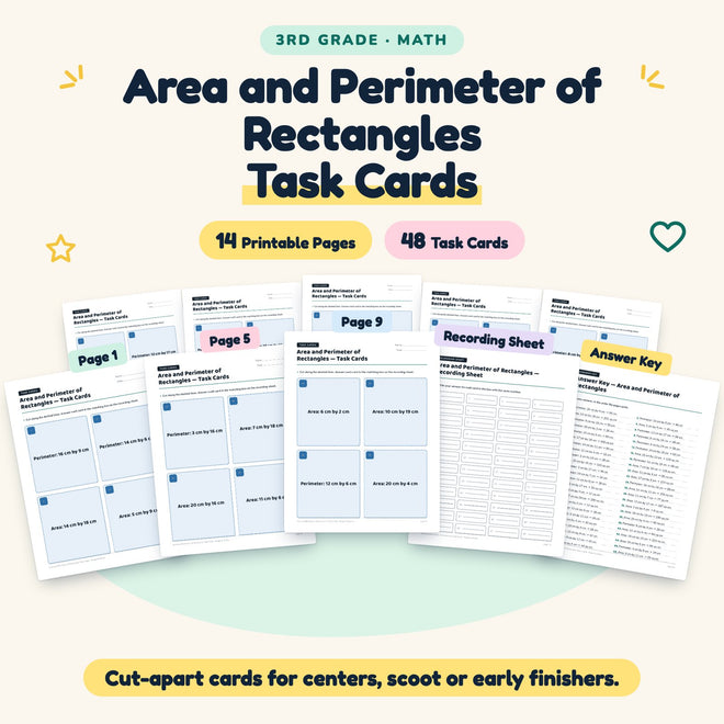 Area and Perimeter of Rectangles Task Cards | 3rd Grade Math — cover
