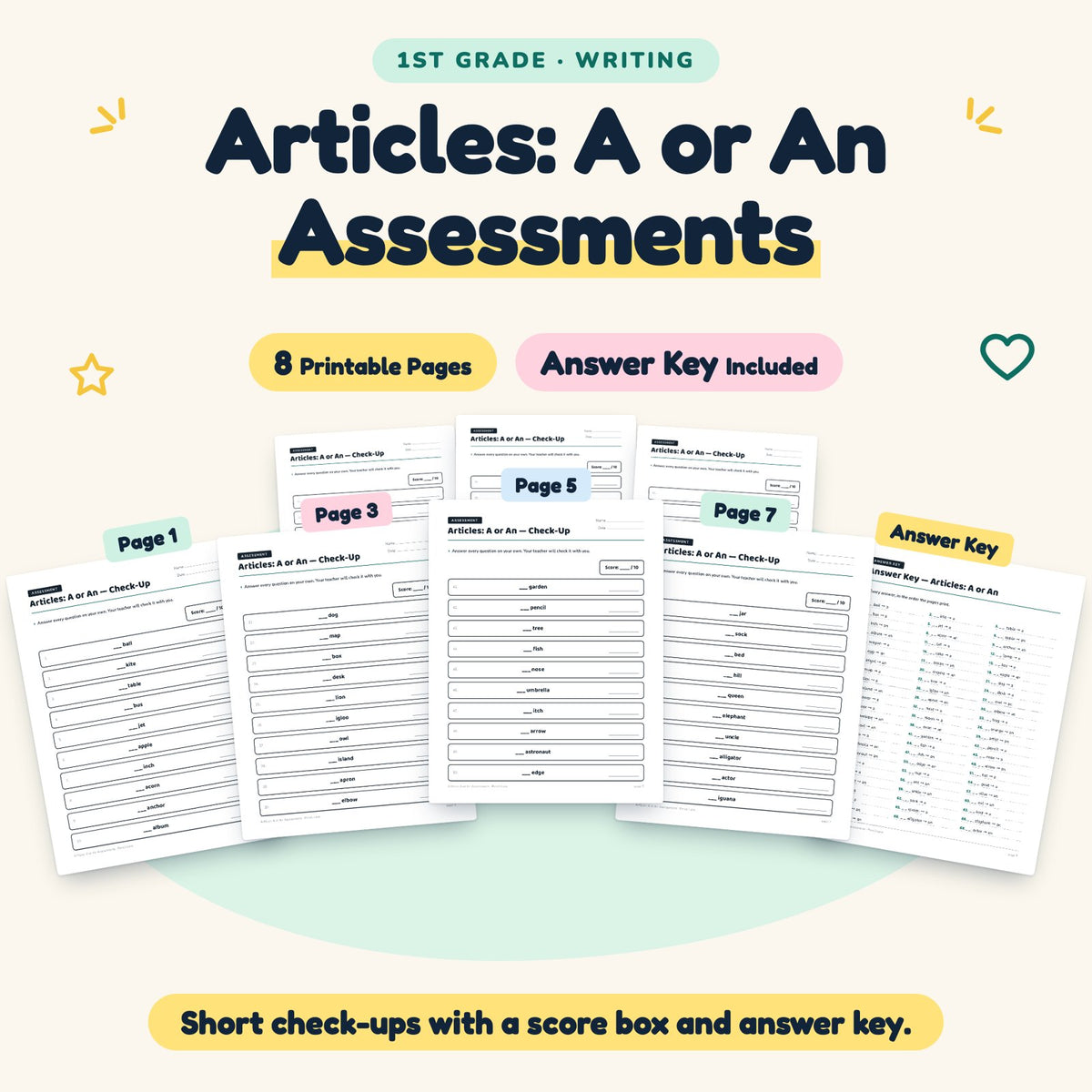Articles: A or An Assessments | 1st Grade Grammar (5 Pages) — cover