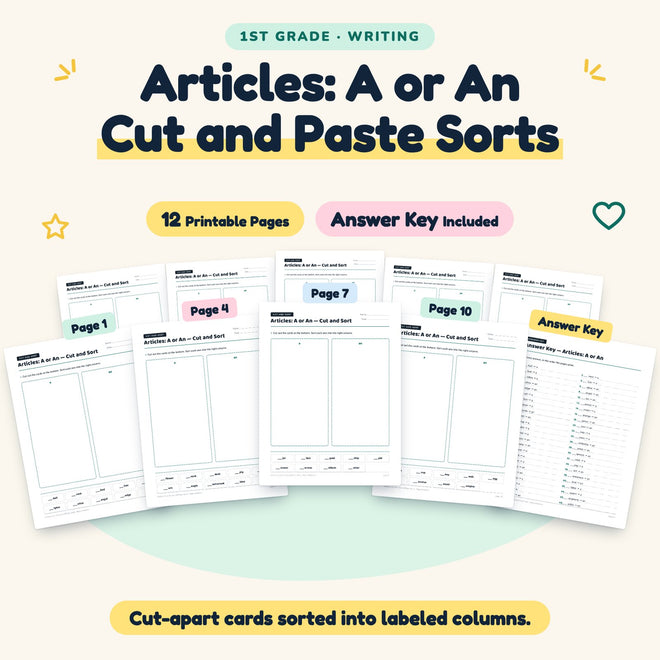 Articles: A or An Cut and Paste Sorts | 1st Grade (5 Pages) — cover