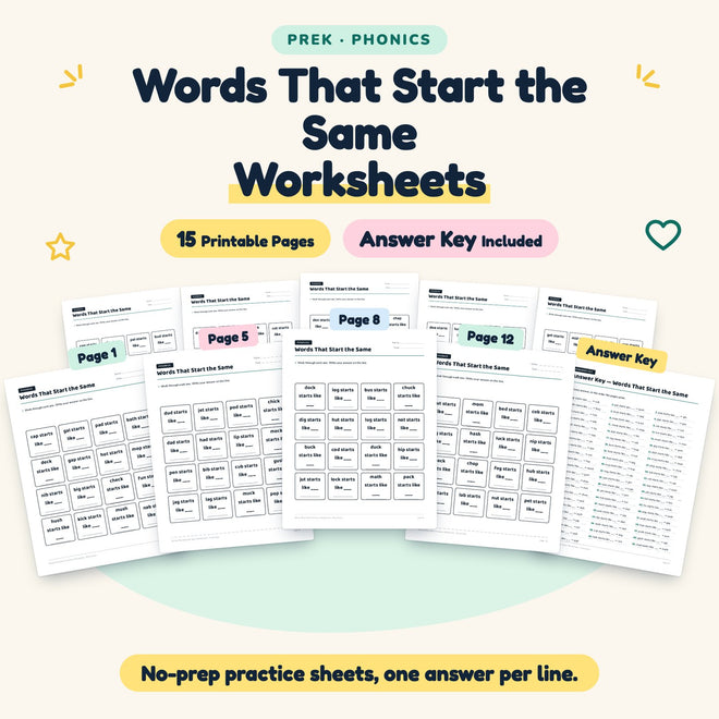 Words That Start the Same Worksheets | Preschool (14 Pages) — cover