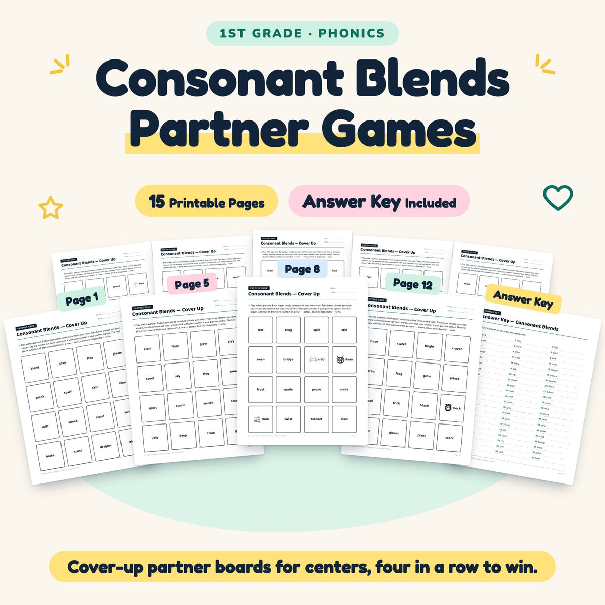 Consonant Blends Partner Games | 1st Grade (10 Pages) — cover