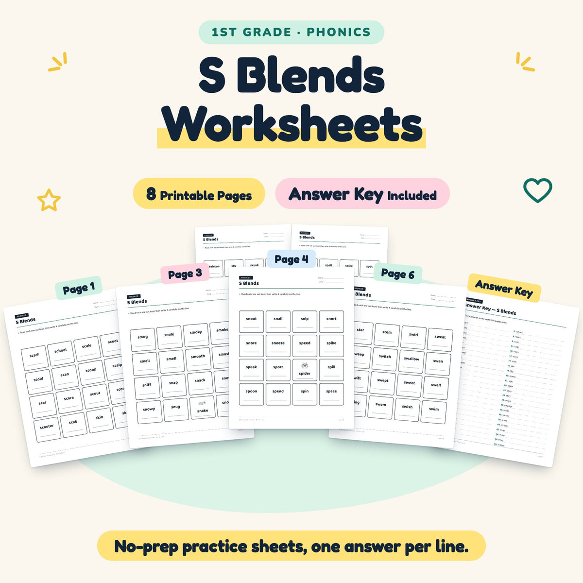S Blends Worksheets | 1st Grade Phonics (4 Pages) — cover