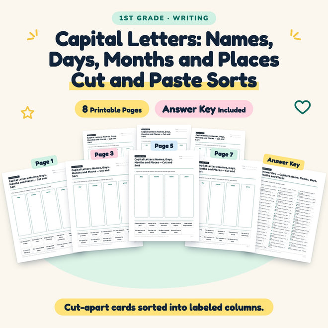 Capital Letters Cut and Paste Sorts | 1st Grade (4 Pages) — cover