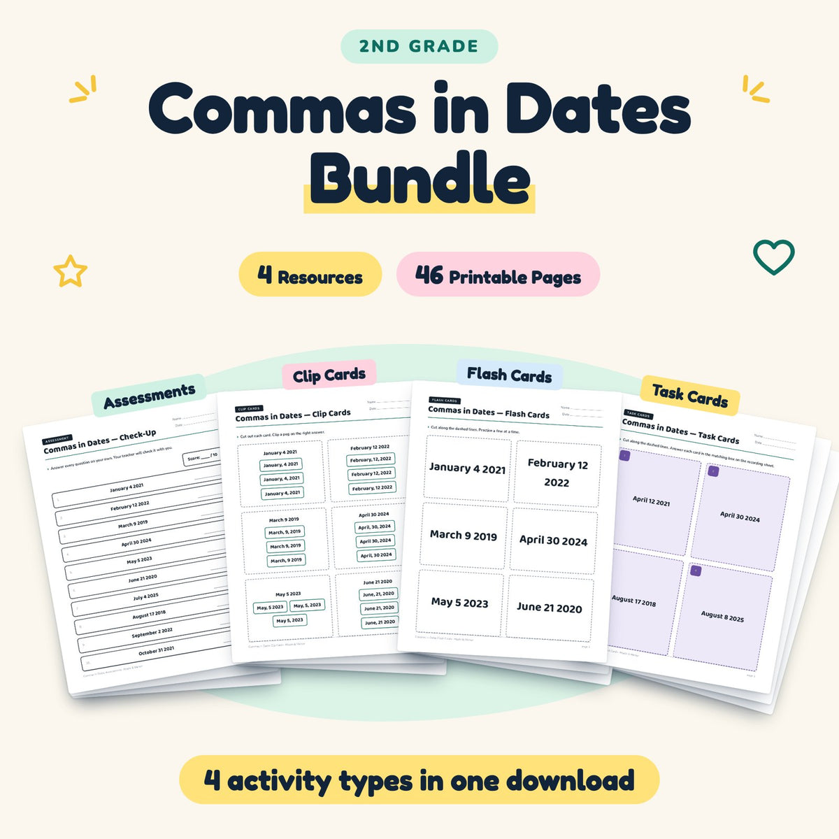 Commas in Dates Bundle | 2nd Grade (4 Resources, 26 Pages) — cover