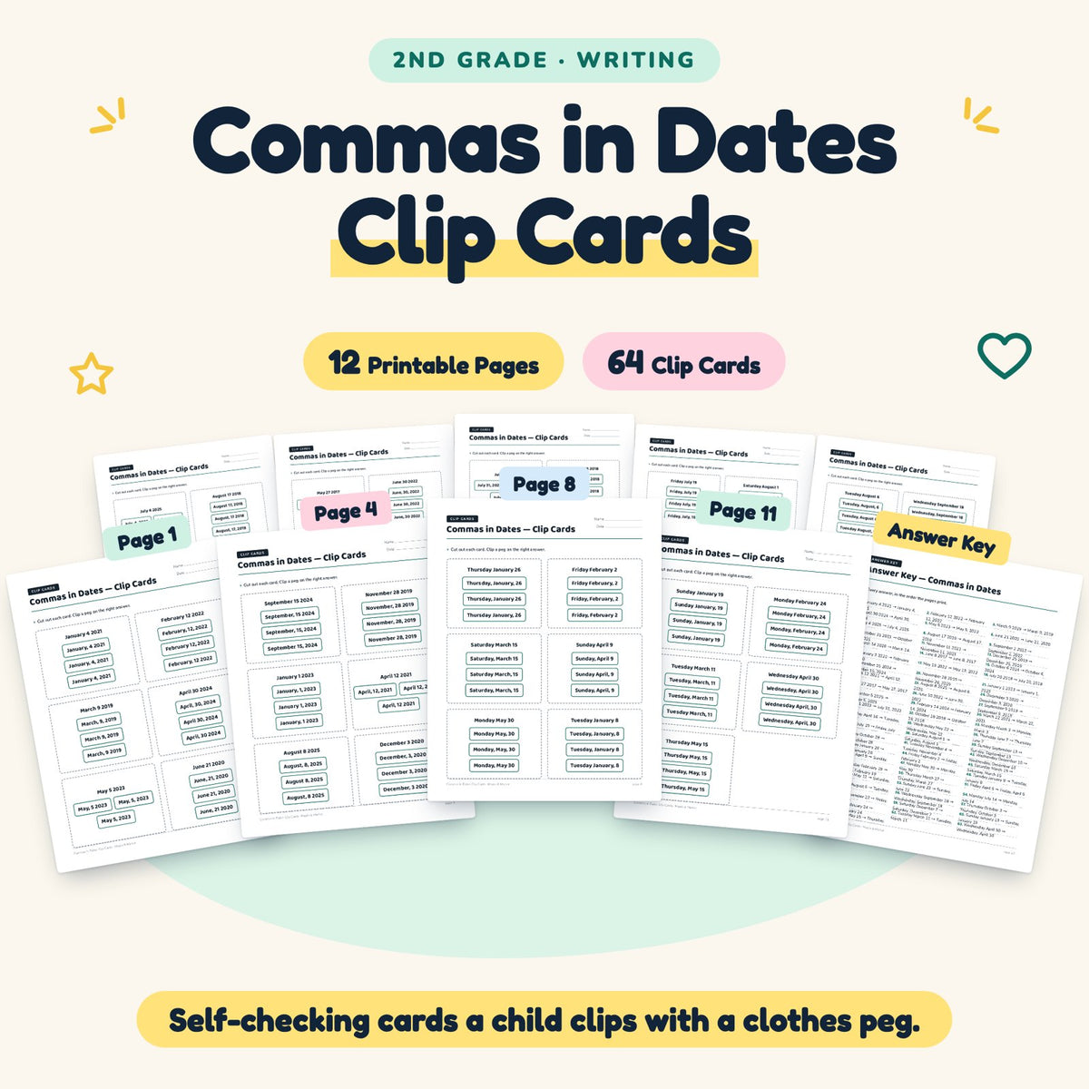 Commas in Dates Clip Cards | 2nd Grade Grammar (30 Cards) — cover
