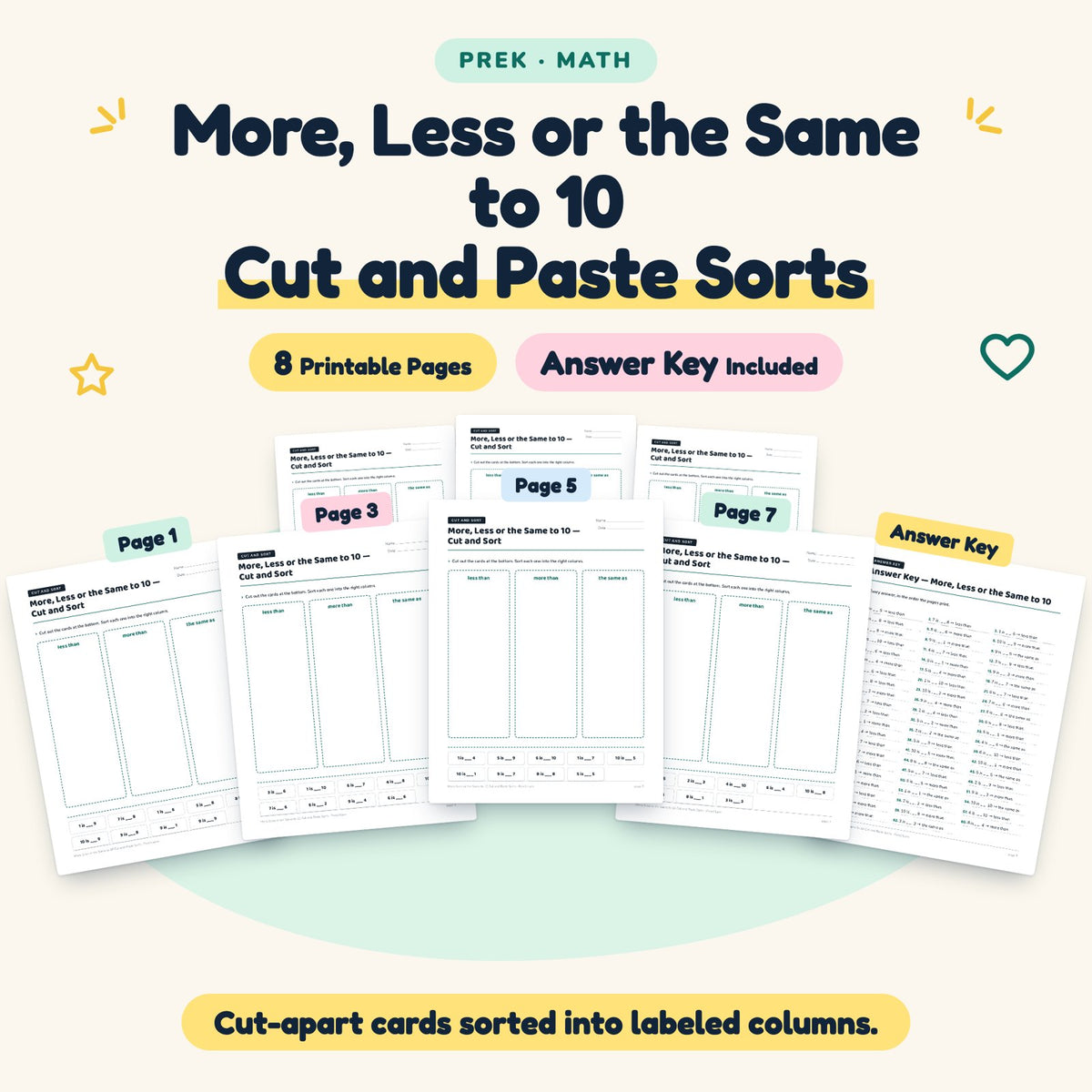 More, Less or the Same to 10 Cut and Paste Sorts | Preschool — cover