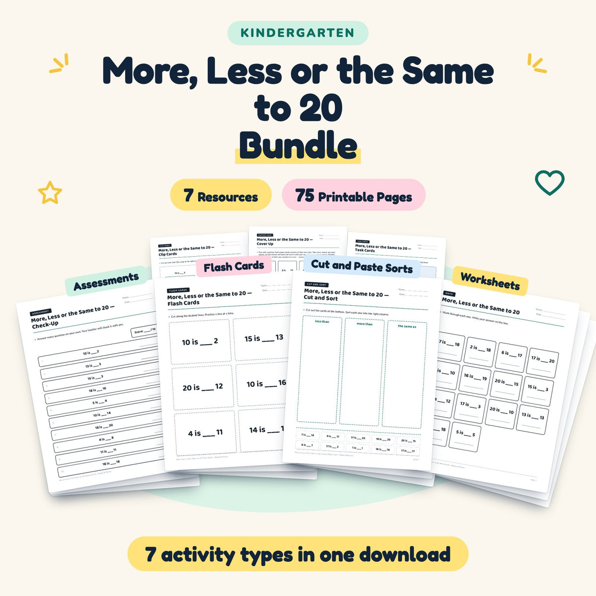 More, Less or the Same to 20 Bundle | Kindergarten Math — cover