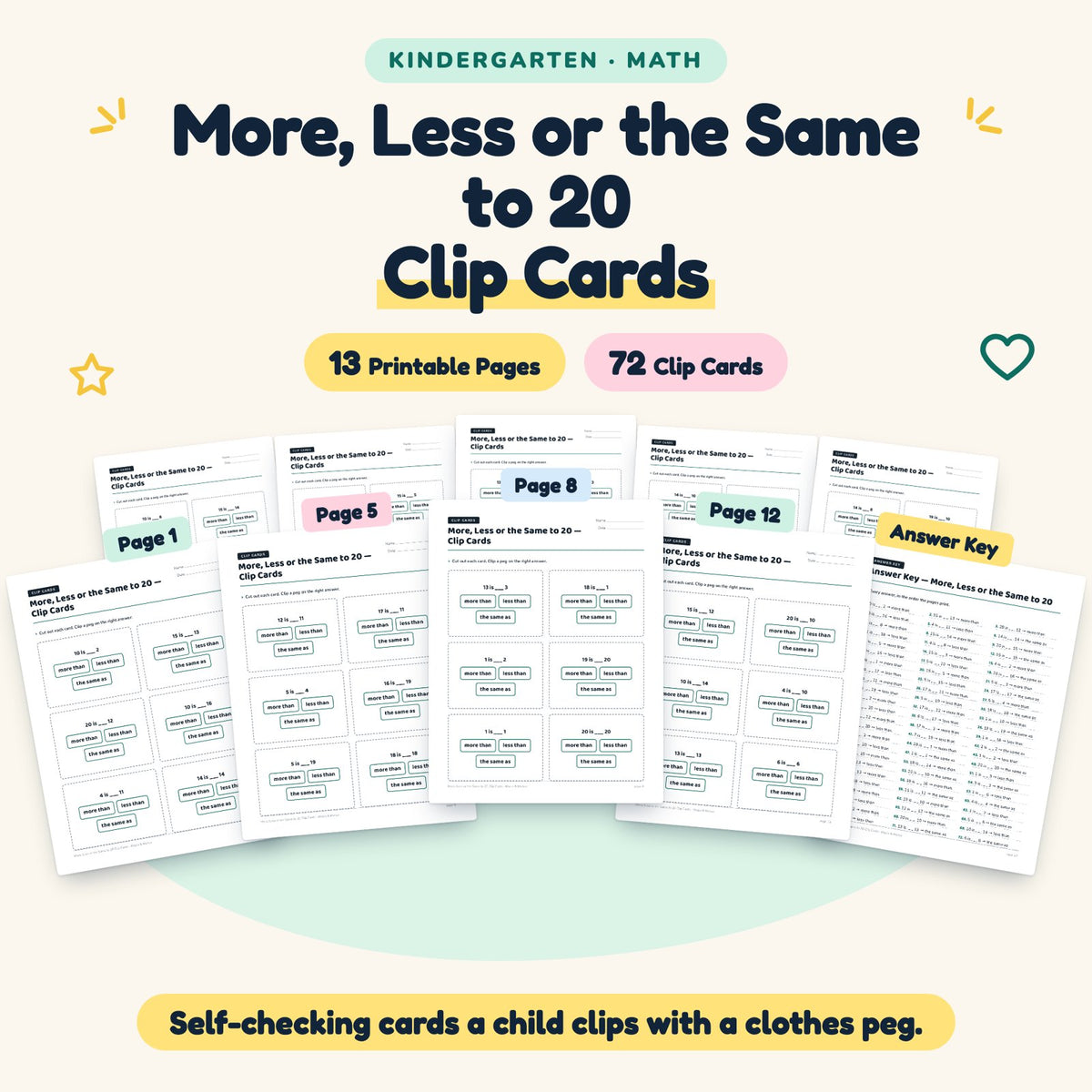 More, Less or the Same to 20 Clip Cards | Kindergarten Math — cover