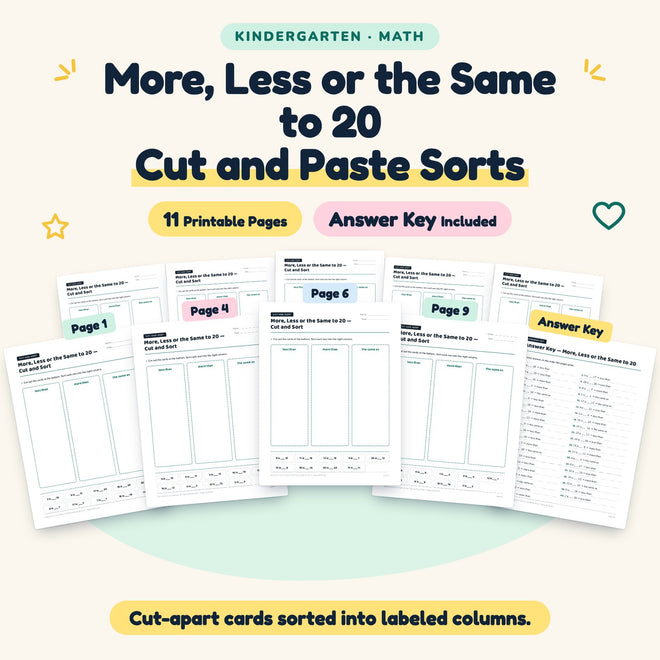 More, Less or the Same to 20 Cut and Paste Sorts | Kindergarten — cover