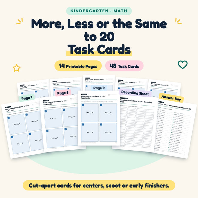 More, Less or the Same to 20 Task Cards | Kindergarten Math — cover