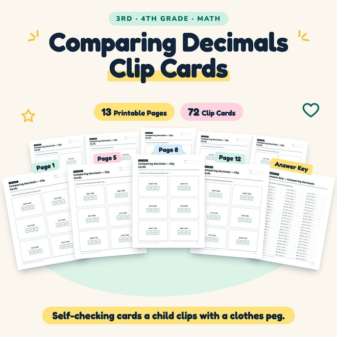 Comparing Decimals Clip Cards | 3rd–4th Grade (72 Cards) — cover