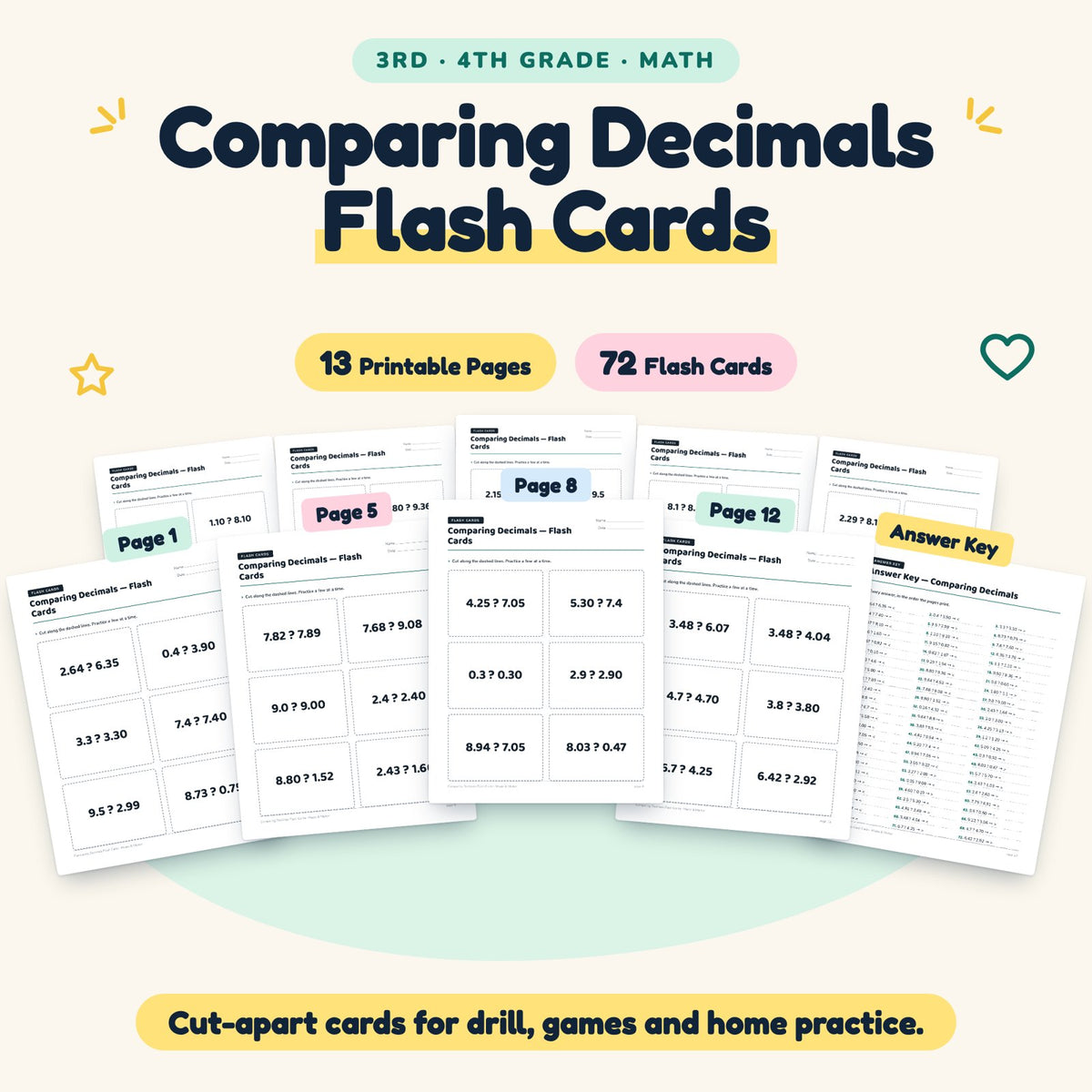 Comparing Decimals Flash Cards | 3rd–4th Grade (72 Cards) — cover