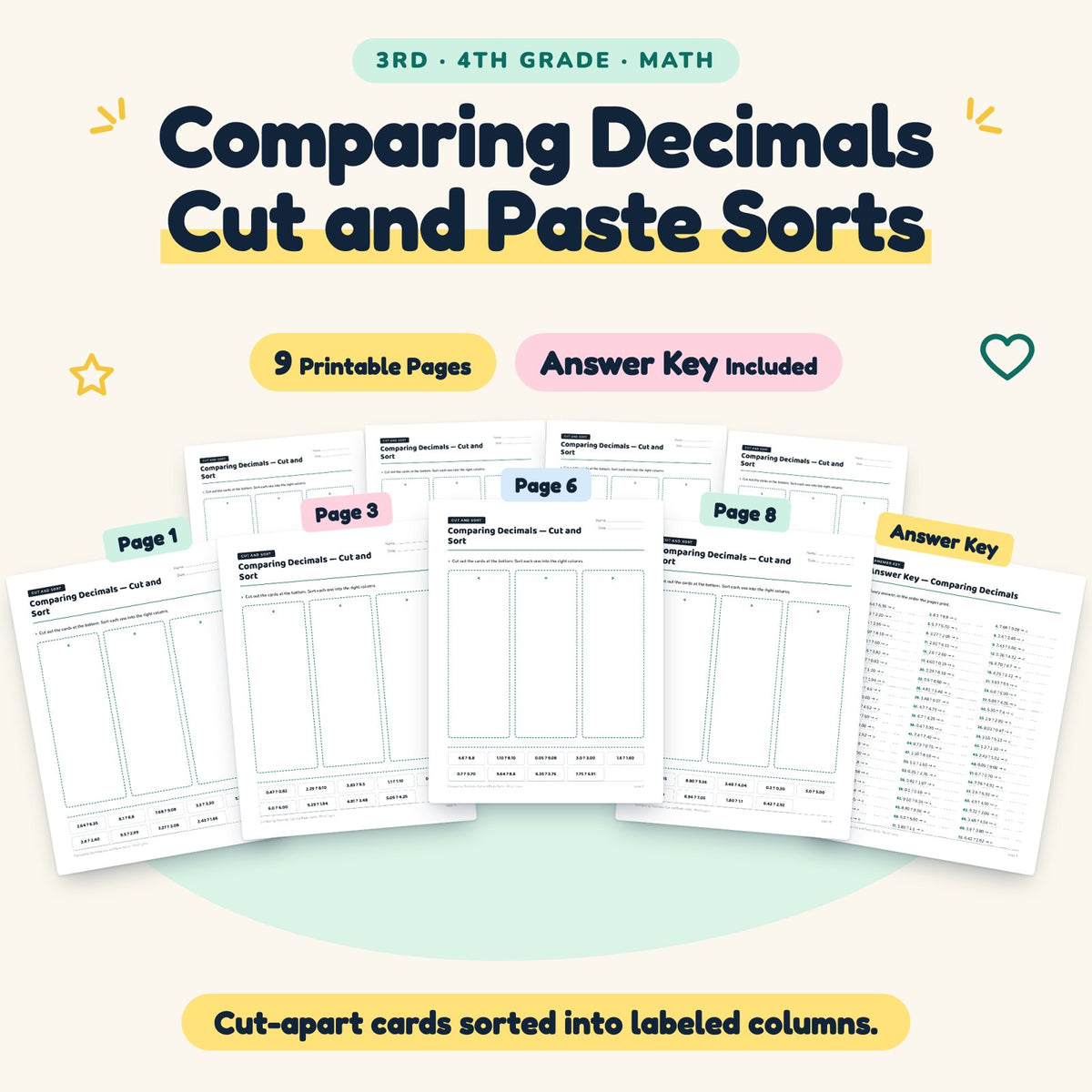 Comparing Decimals Cut and Paste Sorts | 3rd–4th Grade Math — cover