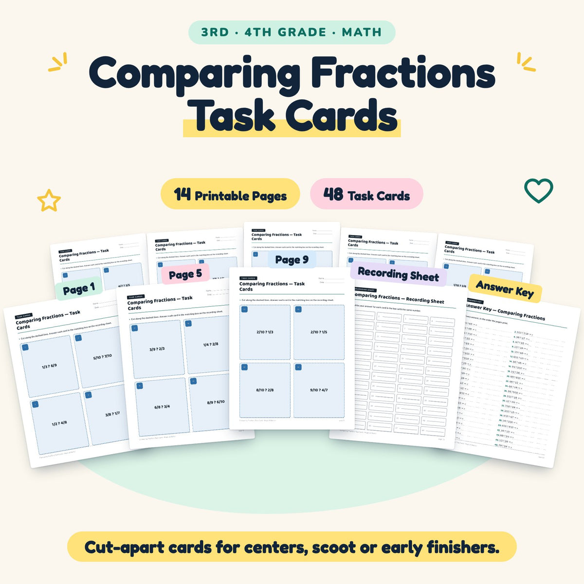 Comparing Fractions Task Cards | 3rd–4th Grade (48 Cards) — cover