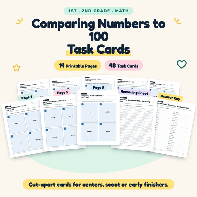 Comparing Numbers to 100 Task Cards | 1st–2nd Grade Math — cover