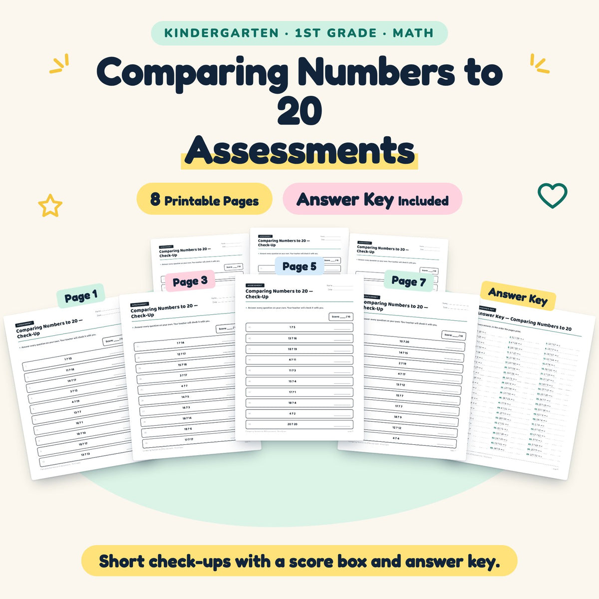 Comparing Numbers to 20 Assessments | K–1st Grade (7 Pages) — cover