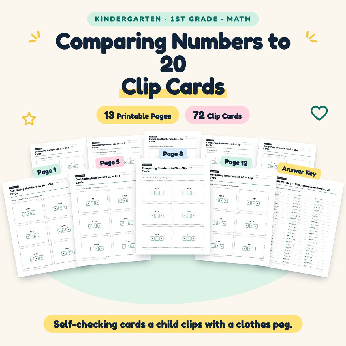 Comparing Numbers to 20 Clip Cards | K–1st Grade (60 Cards) — cover