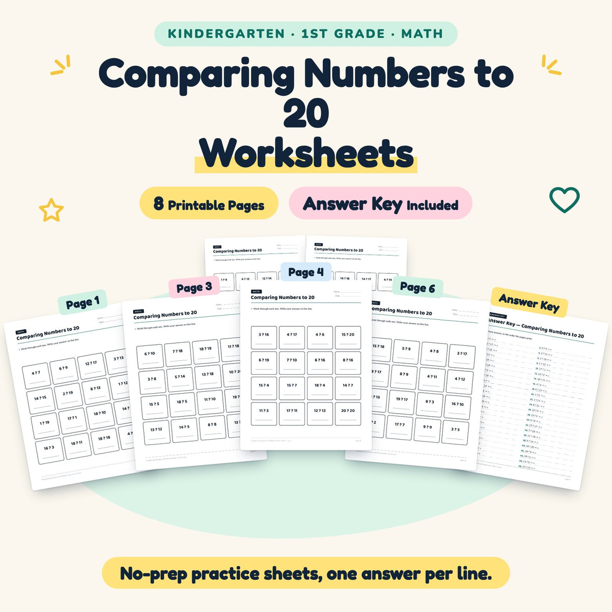 Comparing Numbers to 20 Worksheets | K–1st Grade (5 Pages) — cover