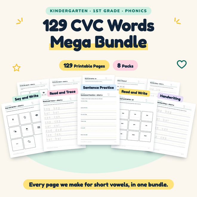 CVC Words Worksheets MEGA BUNDLE | K–1st Grade (129 Pages) — cover