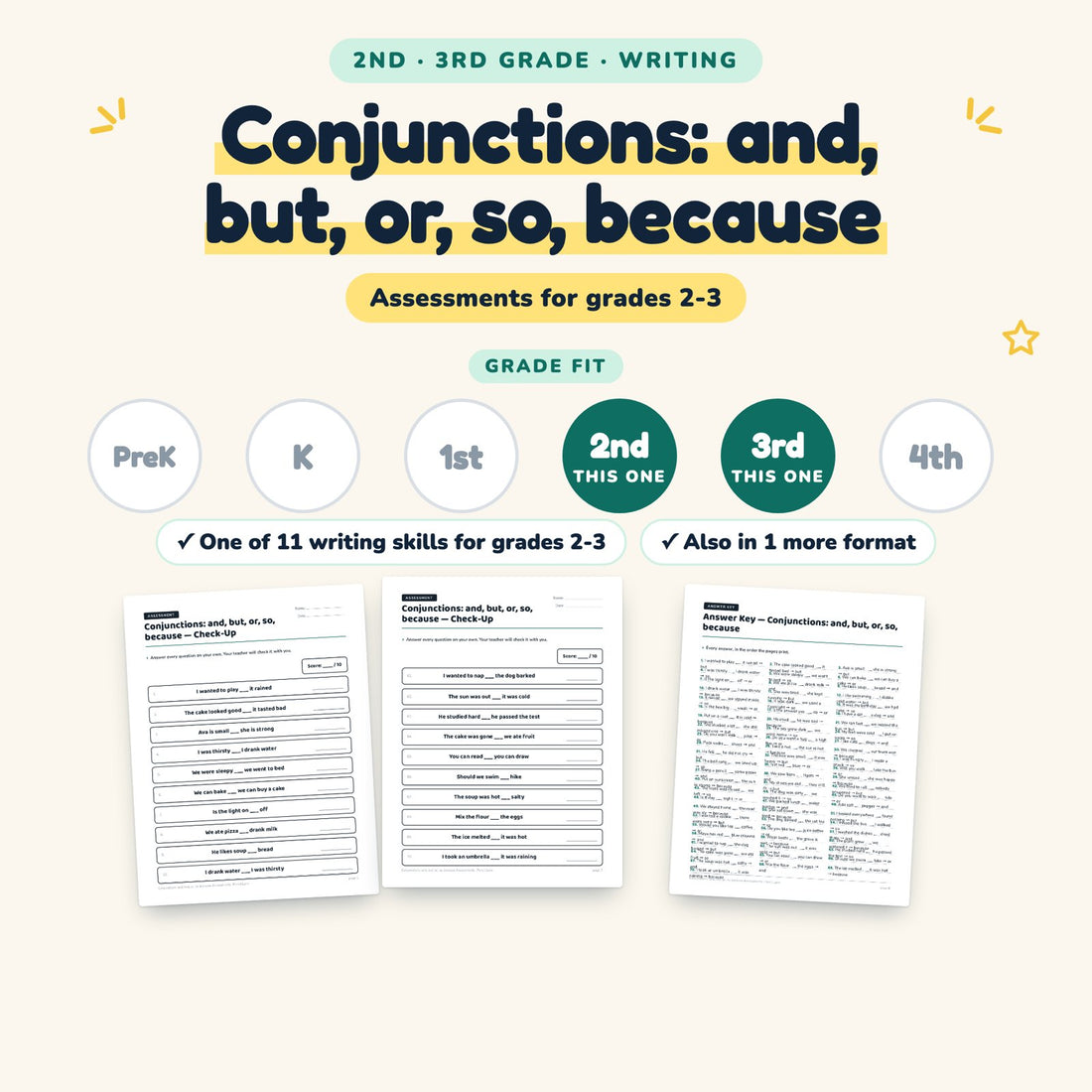 Conjunctions: and, but, or, so, because: skill and grade fit