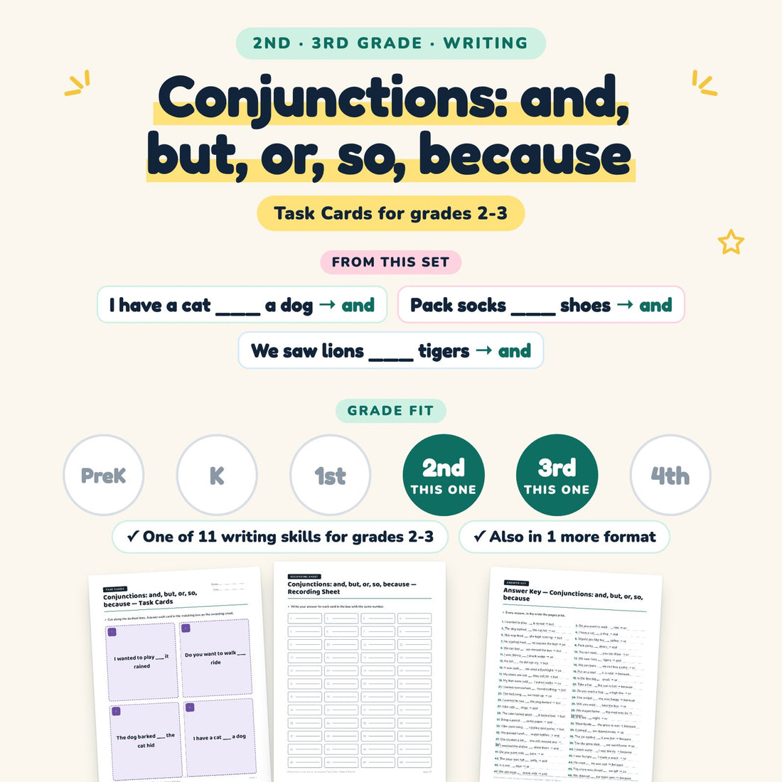 Conjunctions: and, but, or, so, because: skill and grade fit