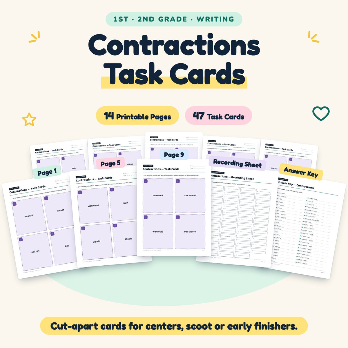 Contractions Task Cards | 1st–2nd Grade Grammar (22 Cards) — cover
