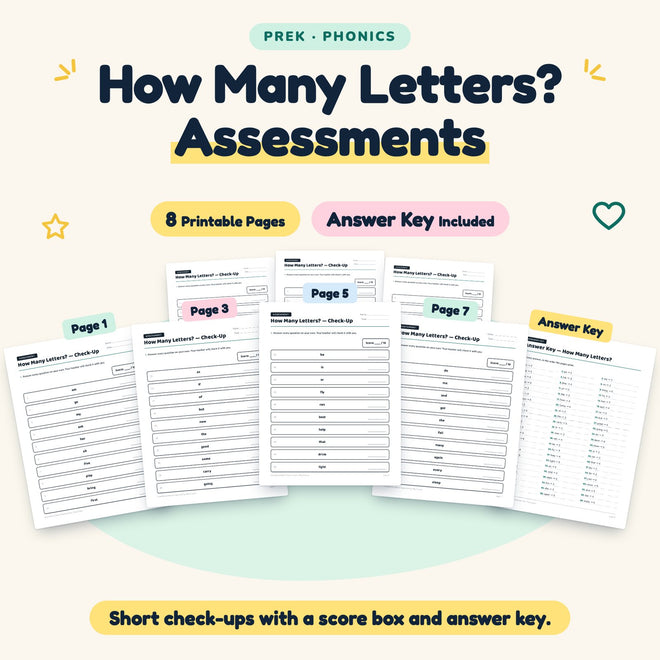 How Many Letters? Assessments | Preschool Phonics (7 Pages) — cover