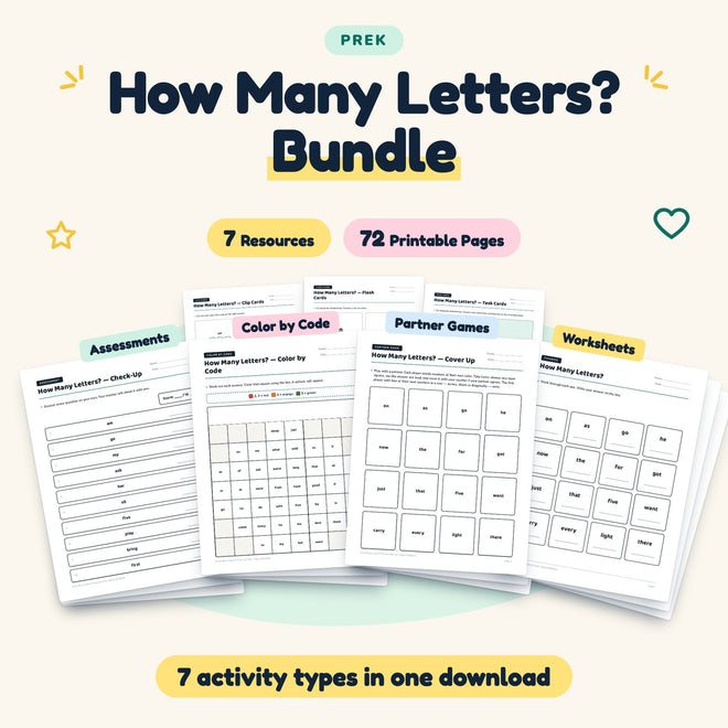 How Many Letters? Bundle | Preschool (7 Resources, 71 Pages) — cover
