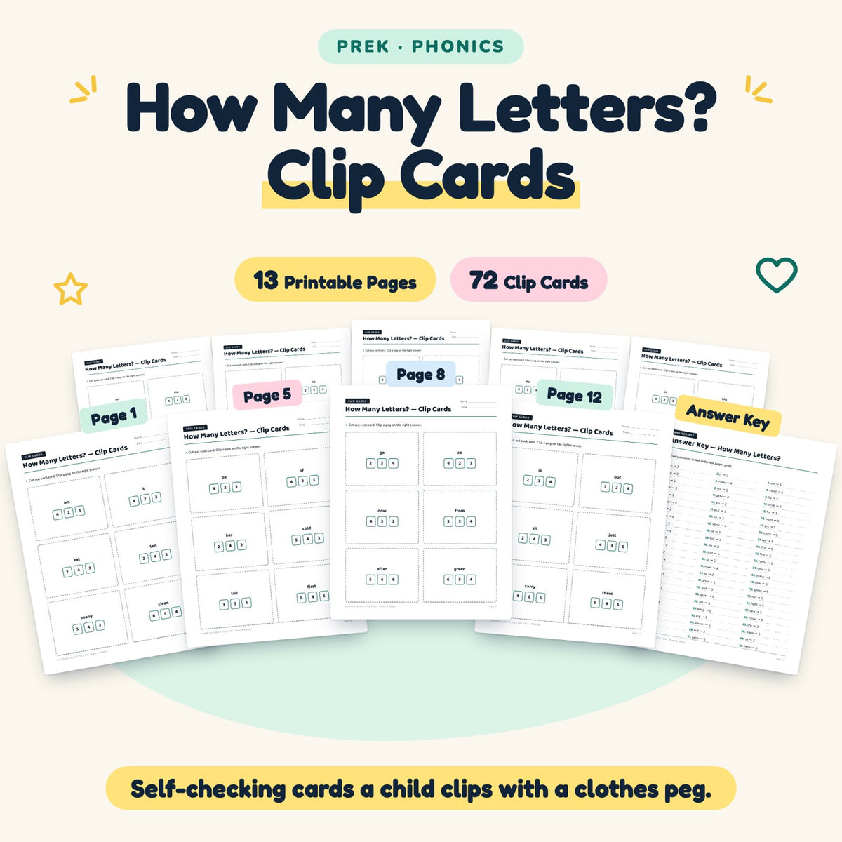How Many Letters? Clip Cards | Preschool Phonics (72 Cards) — cover