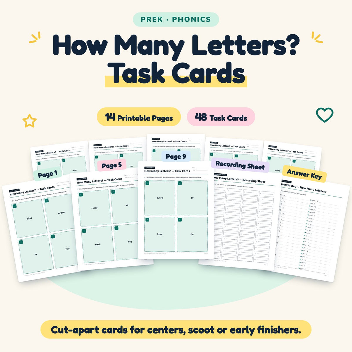 How Many Letters? Task Cards | Preschool Phonics (48 Cards) — cover