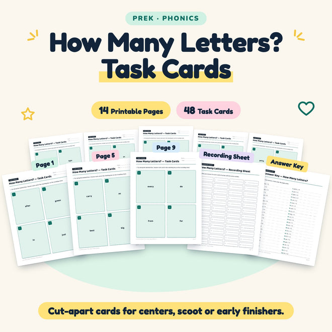 How Many Letters? Task Cards | Preschool Phonics (48 Cards) — cover