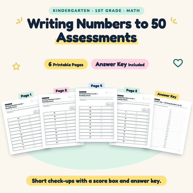 Writing Numbers to 50 Assessments | K–1st Grade (6 Pages) — cover