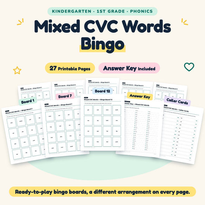 Mixed CVC Words Bingo | K–1st Grade Phonics (21 Pages) — cover