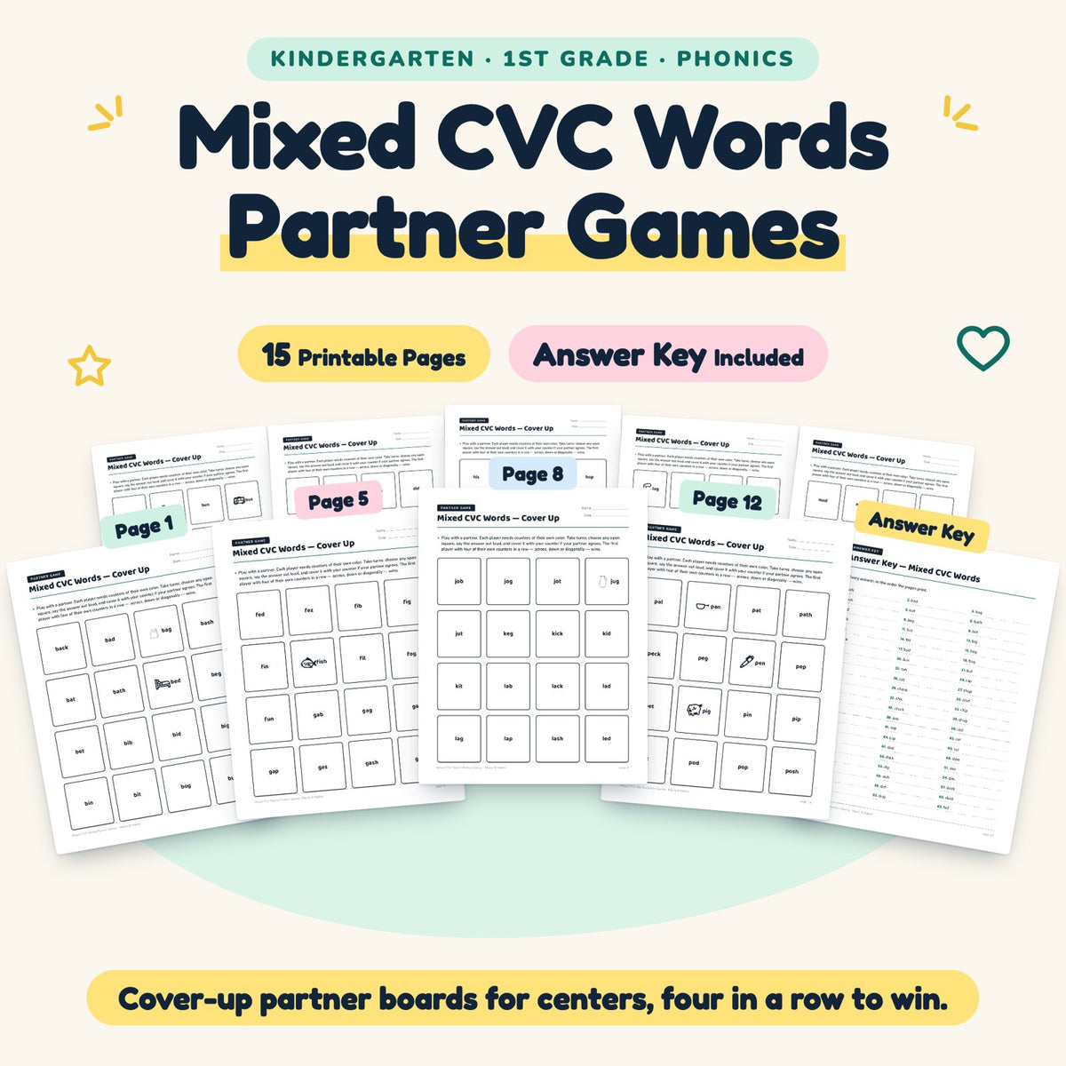 Mixed CVC Words Partner Games | K–1st Grade (14 Pages) — cover