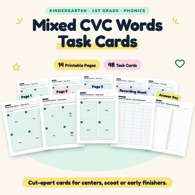 Mixed CVC Words Task Cards | K–1st Grade Phonics (48 Cards) — cover