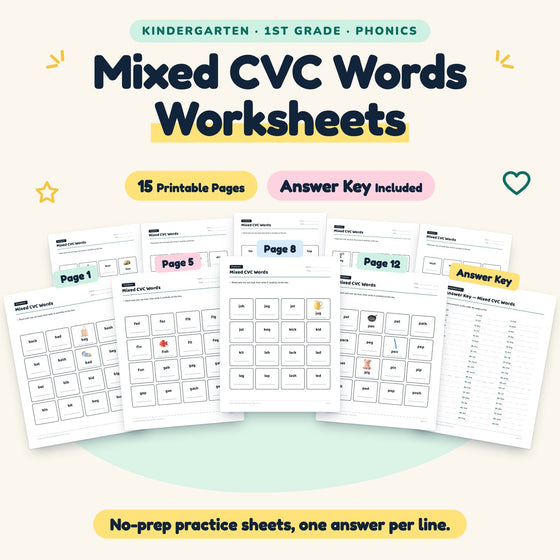 Mixed CVC Words Worksheets | K–1st Grade Phonics (15 Pages) — cover