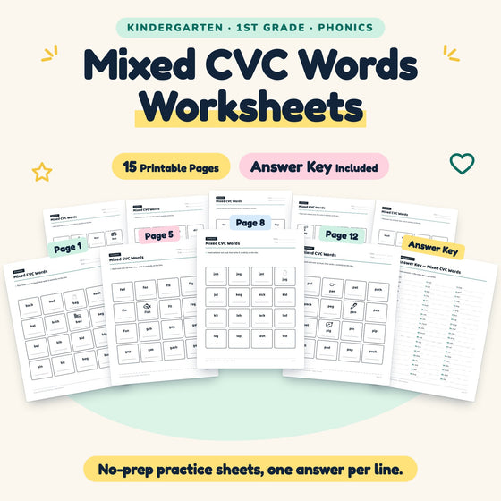 Mixed CVC Words Worksheets | K–1st Grade Phonics (14 Pages) — cover