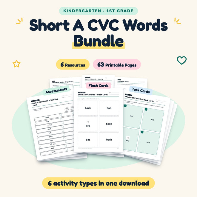 Short A CVC Words Bundle | K–1st Grade Phonics (6 Resources) — cover
