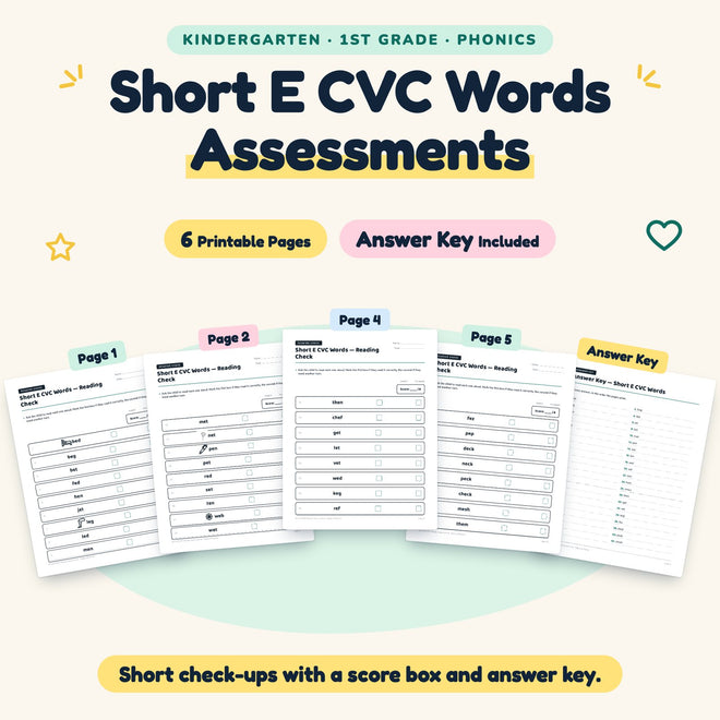 Short E CVC Words Assessments | K–1st Grade (4 Pages) — cover