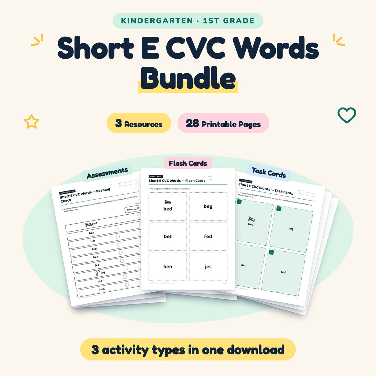 Short E CVC Words Bundle | K–1st Grade Phonics (3 Resources) — cover