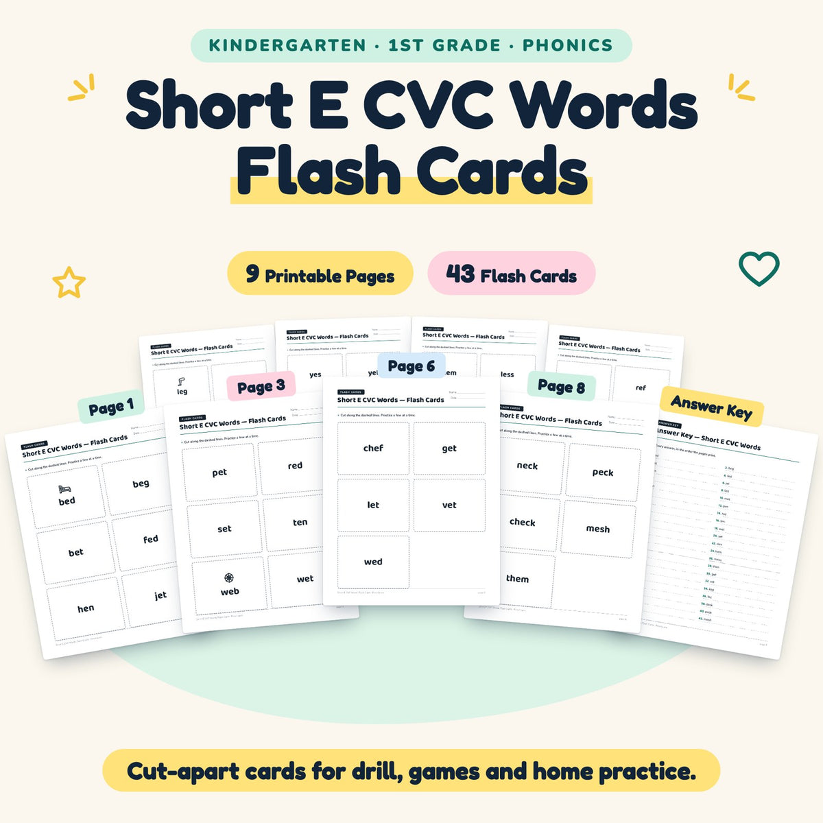 Short E CVC Words Flash Cards | K–1st Grade (29 Cards) — cover