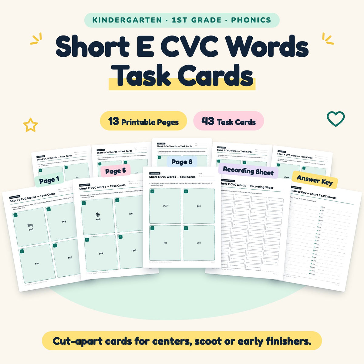 Short E CVC Words Task Cards | K–1st Grade (29 Cards) — cover