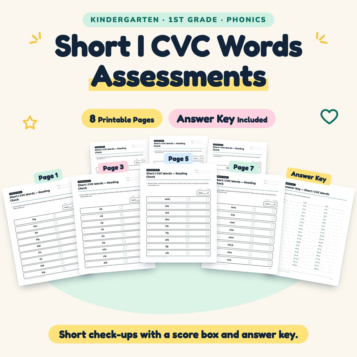 Short I CVC Words Assessments | K–1st Grade (5 Pages) — cover