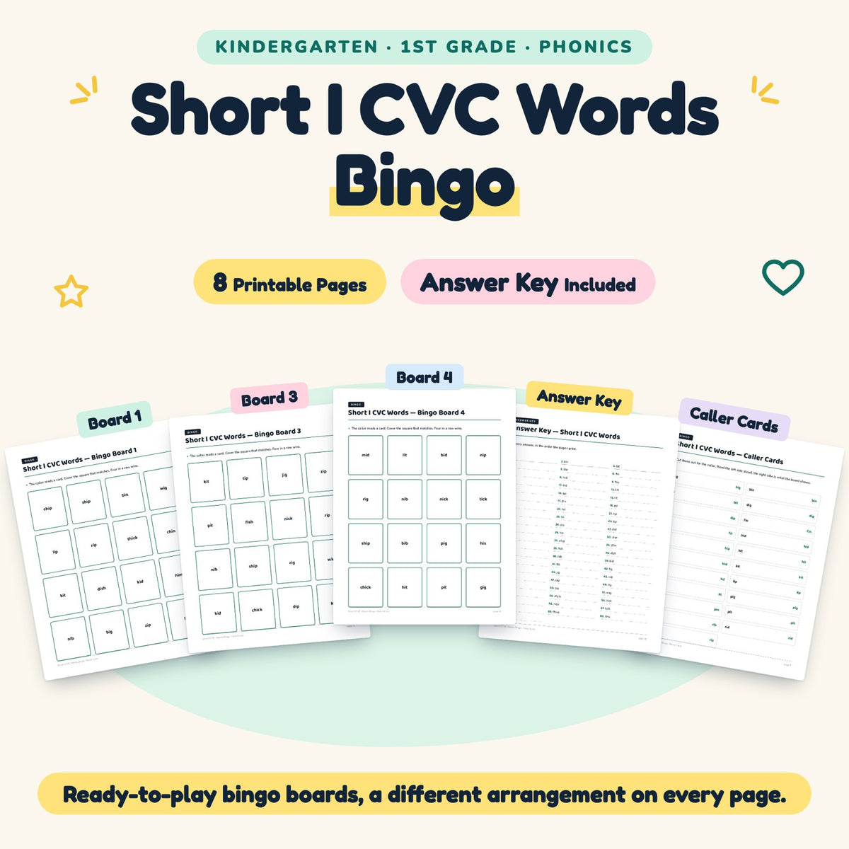 Short I CVC Words Bingo | K–1st Grade Phonics (6 Pages) — cover