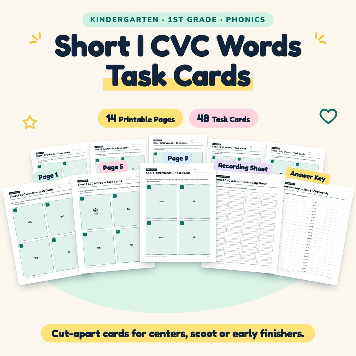 Short I CVC Words Task Cards | K–1st Grade (37 Cards) — cover