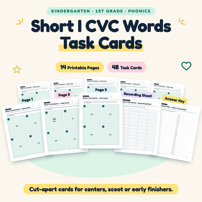 Short I CVC Words Task Cards | K–1st Grade (37 Cards) — cover