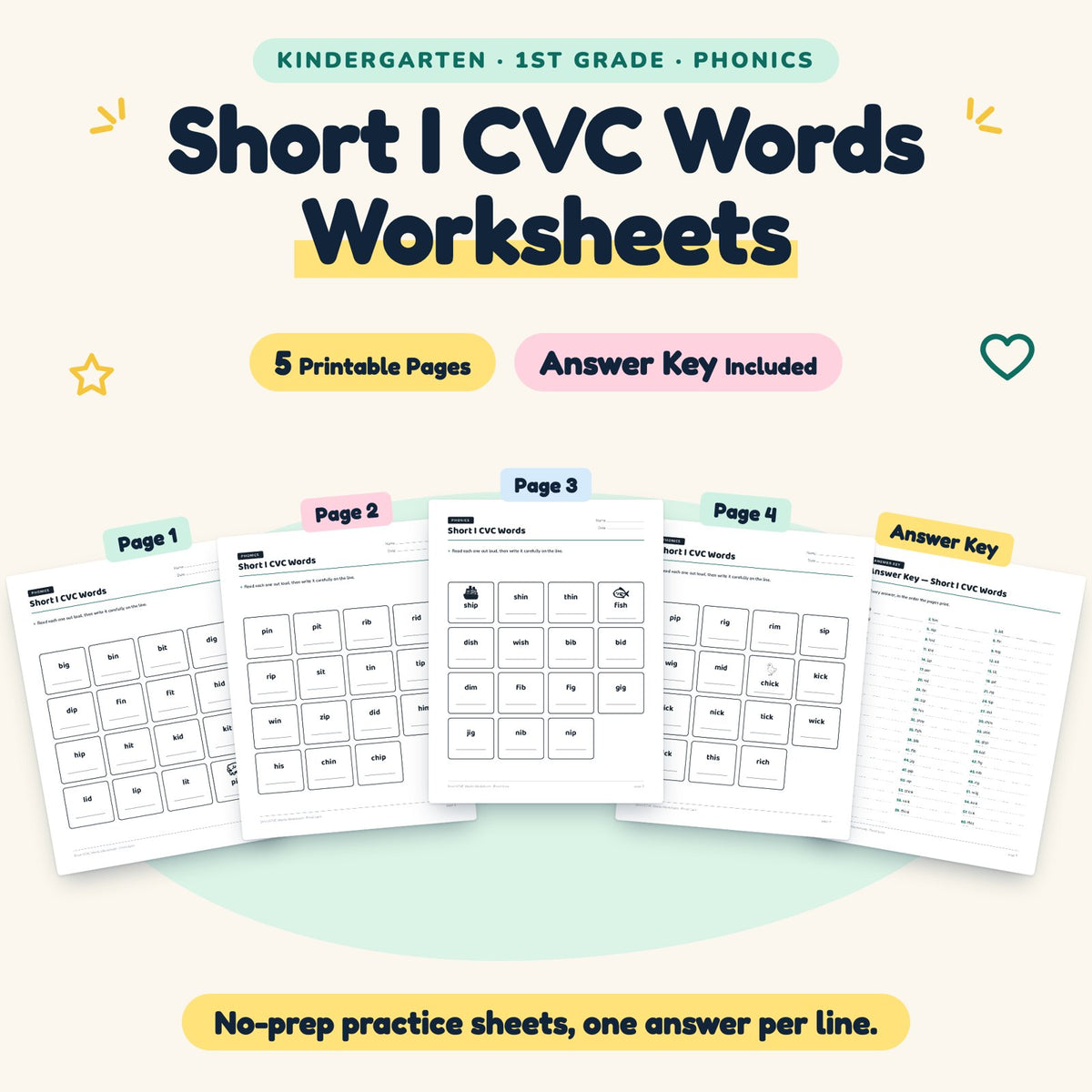 Short I CVC Words Worksheets | K–1st Grade Phonics (4 Pages) — cover