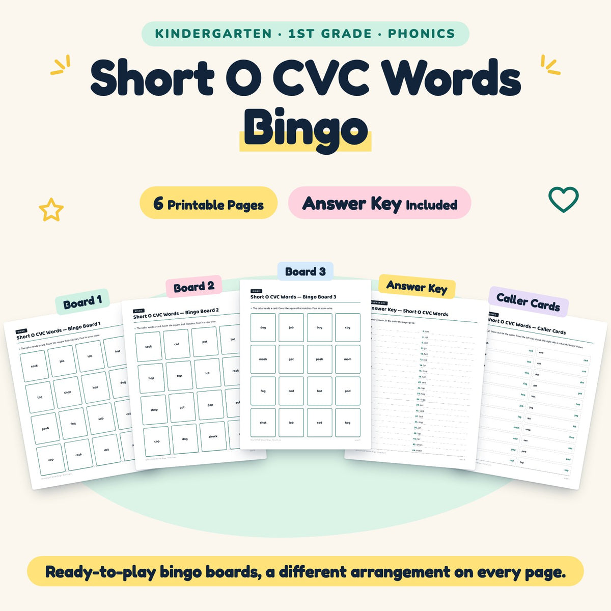 Short O CVC Words Bingo | K–1st Grade Phonics (6 Pages) — cover