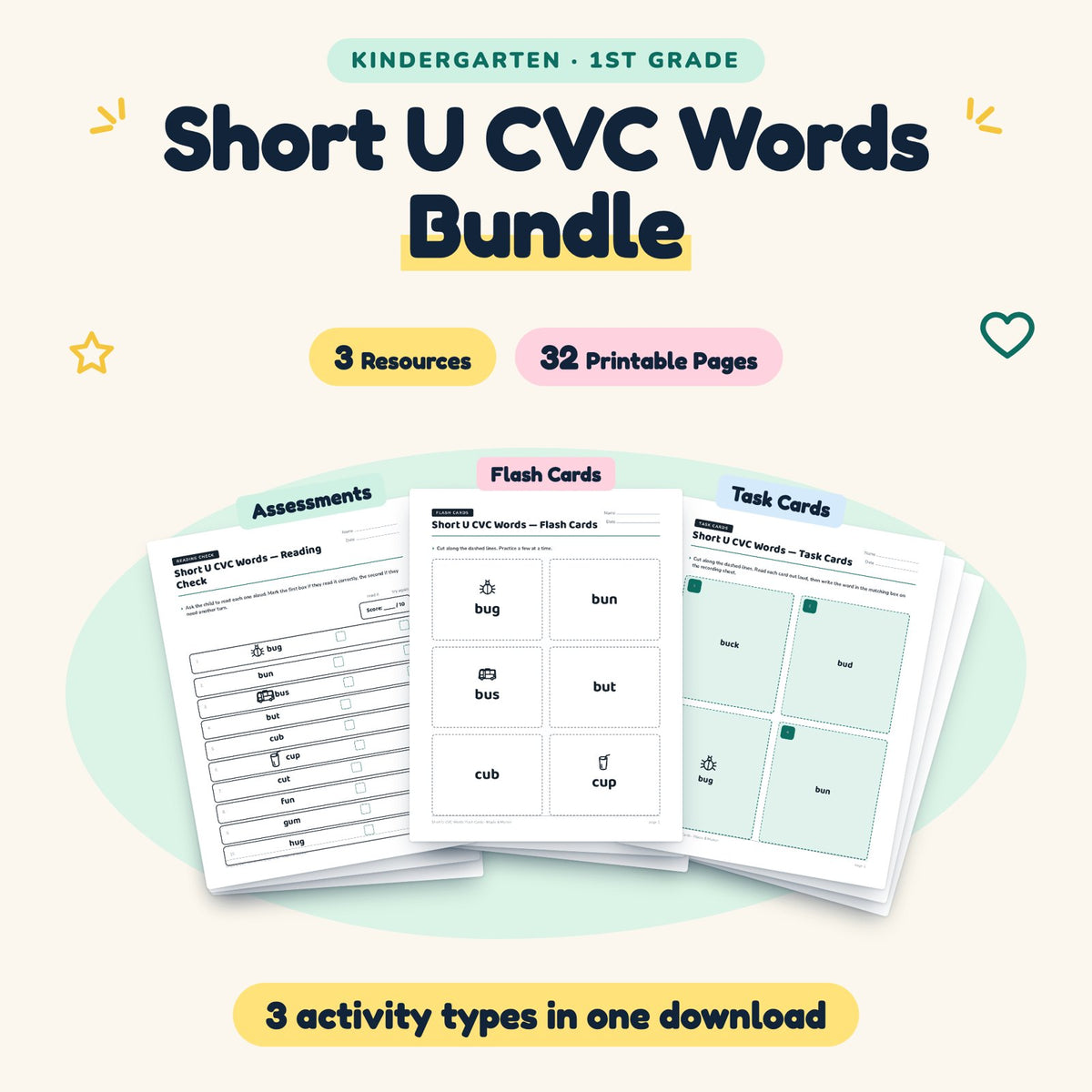 Short U CVC Words Bundle | K–1st Grade Phonics (3 Resources) — cover