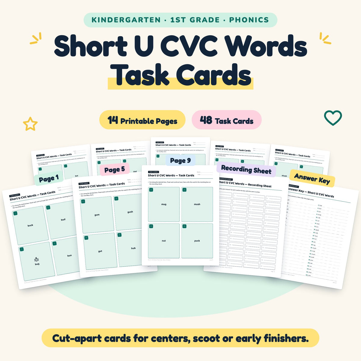 Short U CVC Words Task Cards | K–1st Grade (26 Cards) — cover